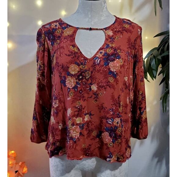 American Eagle Outfitters Floral Multicolor Boho Peasant Blouse Women's XS Rust - Picture 1 of 9